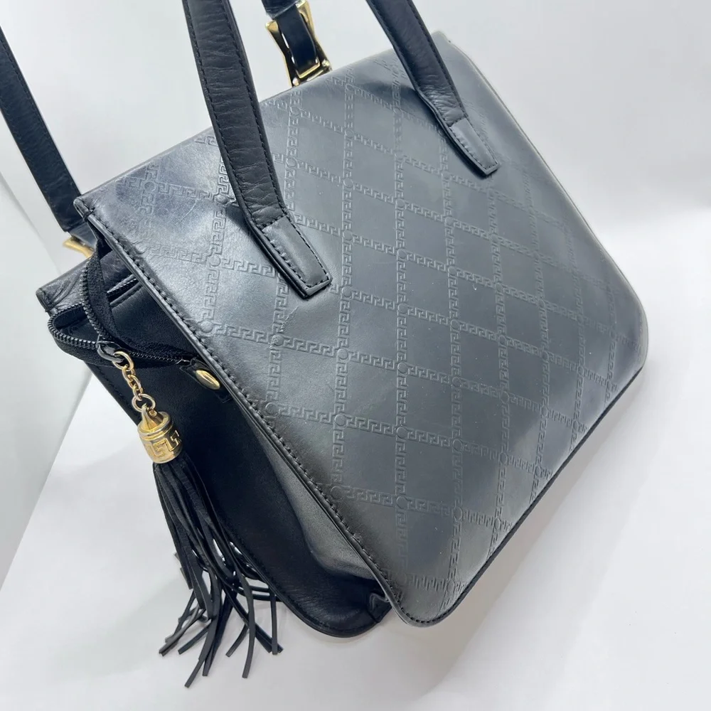 Authentic VERSACE Vintage Black Leather Zip Shoulder Bag Purse W/ Tassel